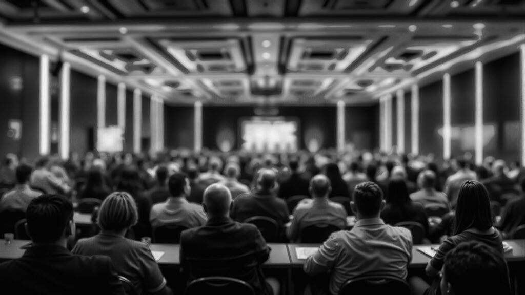 Large audience seated in a conference hall facing a stage presentation, representing a professional business or industry event.