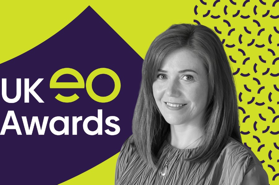 UK EO Awards graphic featuring event branding alongside a stylised portrait, representing recognition in the UK entrepreneurial community.