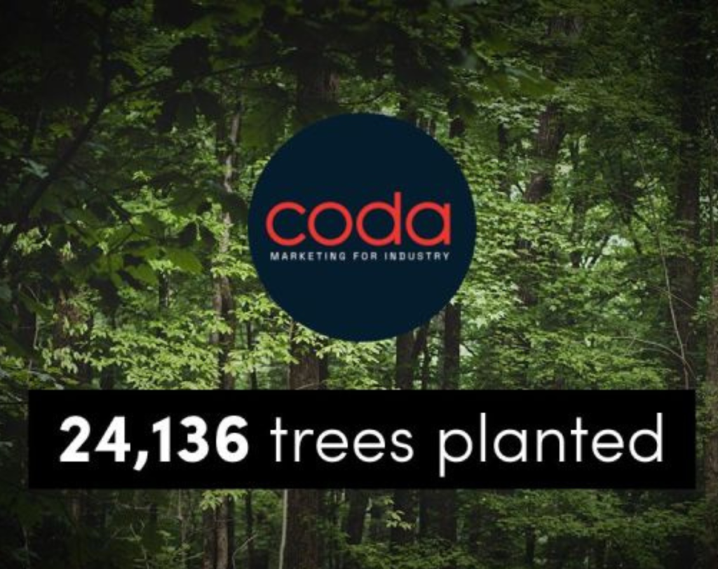 Forest background with Coda Marketing for Industry logo and text stating “24,136 trees planted,” highlighting sustainability impact.